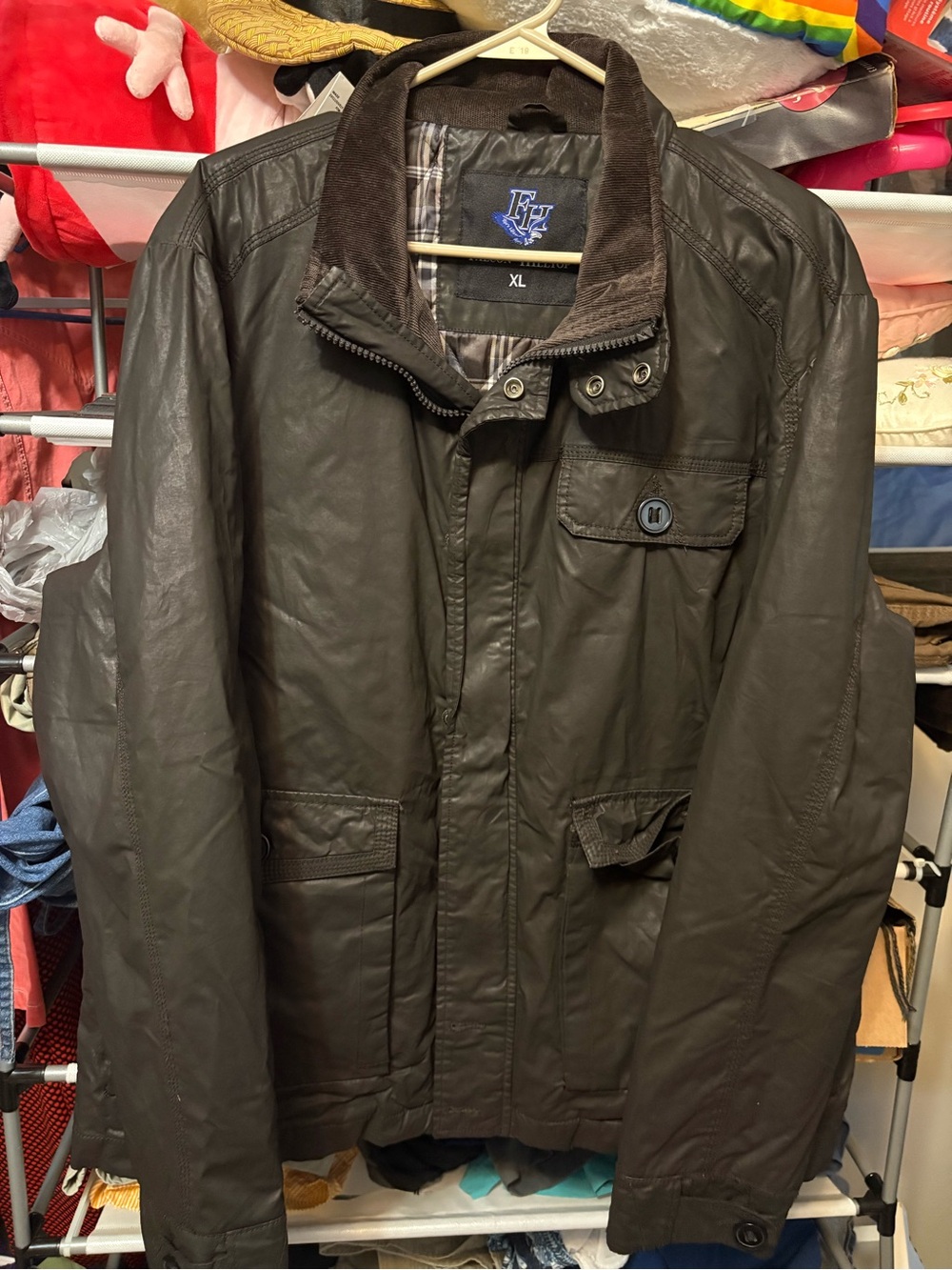 Men's Brown Military Field Jacket with Corduroy Collar - XL